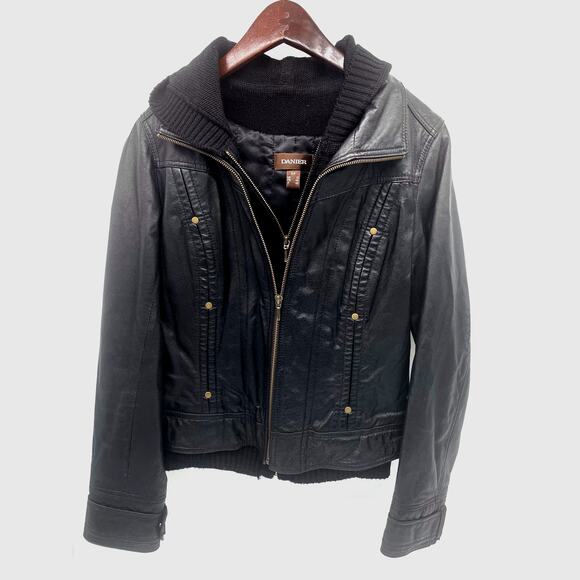 Danier Jackets & Blazers - Women’s Danier Hooded Leather Moto Jacket Size Small Double Zip Studded Black